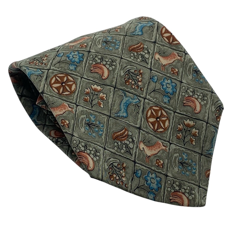 Christian Dior Monsieur Silk Necktie Gray Blue Brown Floral/Wildlife Patterned